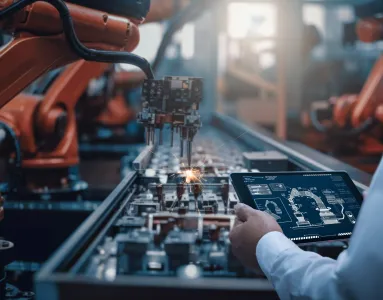 Imagem de um engenheiro a controlar um robô numa fábrica