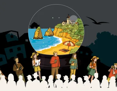 Vários bonecos animados, com um globo atrás, sobre um fundo cinzento escuro.