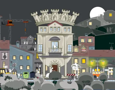 Uma animação de uma cidade, com pessoas a mexer, transportes públicos.