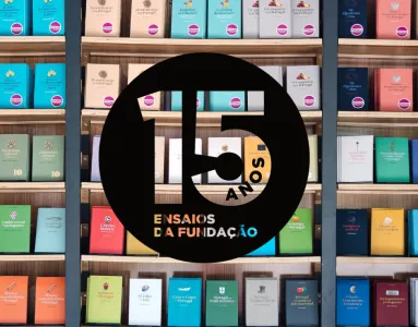 Imagem de uma estante de livros com o símbolo dos 15 anos de ensaios da Fundação Francisco Mnauel dos Santos.