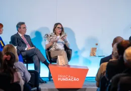 Imagem do debate sobre o poder das marcas portuguesas com Margarida Vaqueiro Lopes, Graça Martins e Francisco Carvalheira. D/R