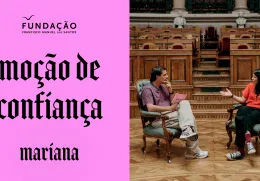 Imagem de Guilherme Geirinhas com Mariana Mortágua, durante a gravação da rúbrica «Moção de Confiança»