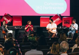 Imagem de Rui Maria Pêgo, Diogo Batáguas, Luísa Lopes e Gustavo Jesus na sessão «Conversas [IN]Pertinentes» do Worten Mock Fest