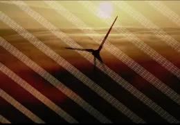 Imagem de uma ventoinha eólica sobreposta por uma imagem de vários painéis solares.