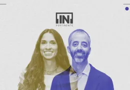 Retrato de uma mulher e de um homem ao centro da imagem num fondo cinzento. Logotipo "[IN]Pertinente" acima. 