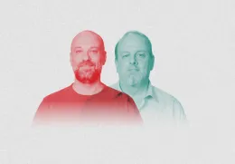 Sob fundo neutro, os rostos de dois homens de meia idade, o crítico literário Pedro Mexia e o humorista Hugo van der Ding.