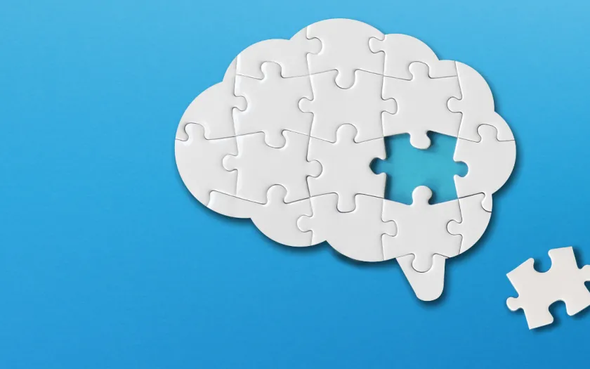 Imagem de um puzzle com a forma de um cérebro onde uma das peças está por preencher