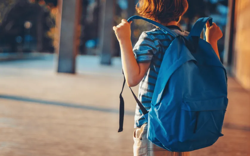 Imagem de um rapaz de mochila às costas a caminhar para a escola.