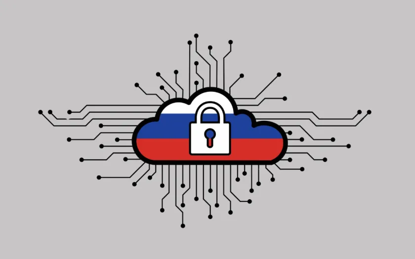 Imagem de uma nuvem digital com a bandeira russa como pano de fundo. Crédito: Shutterstock