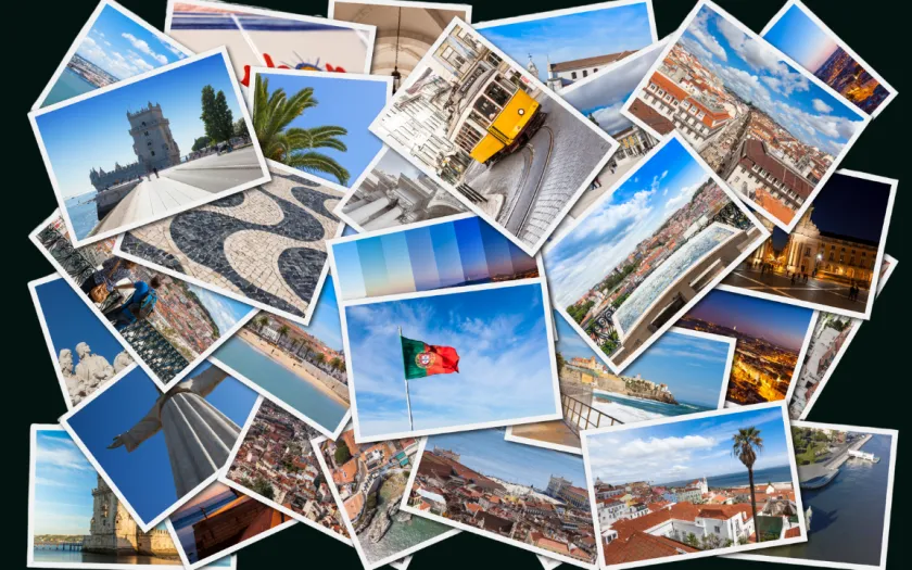 Imagem de vários postais turísticos de paisagens, ruas e monumentos nacionais promovendo o turismo em Portugal. Crédito Canva