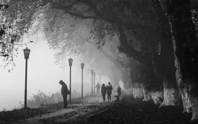 Pessoas passeiam de cabeça baixa, num jardim em dia de nevoeiro, sob um fundo cinzento. Crédito Canva