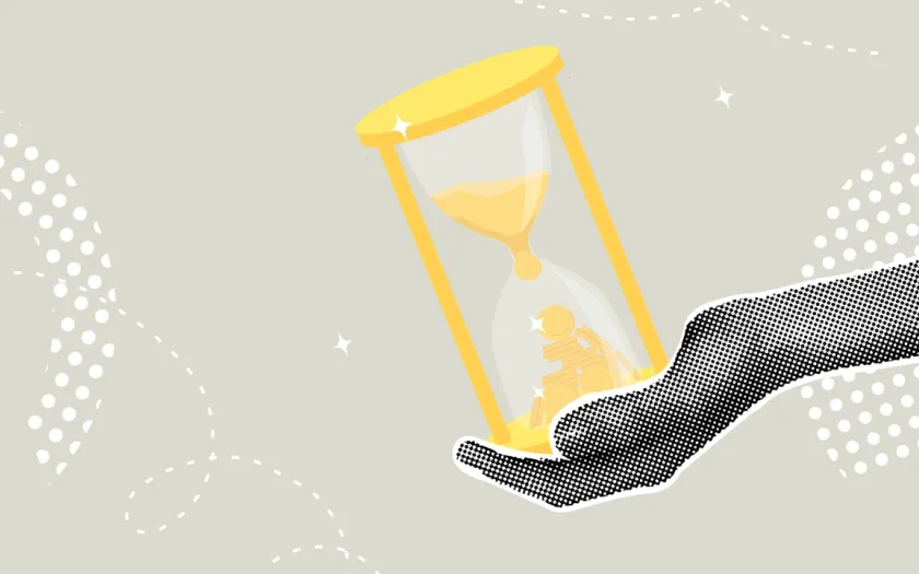 Collage onde se vê uma mão segurando de forma cuidadosa uma ampulheta que está prestes a cair. Crédito: Shutterstock.