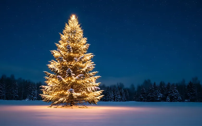 Imagem de uma árvore de Natal iluminada, numa planície coberta de neve. Crédito: Shutterstock
