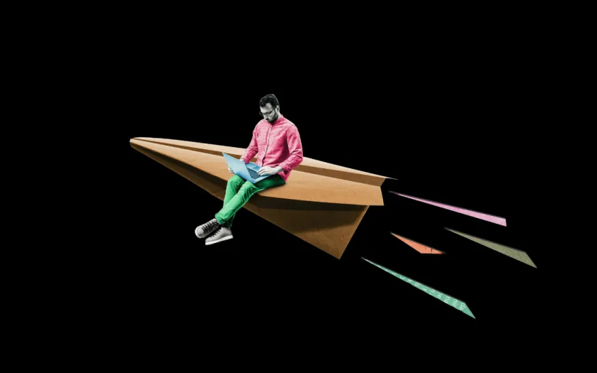 Collage de um rapaz jovem com um computador sob um avião de papel que está a descolar. Crédito:Shutterstock