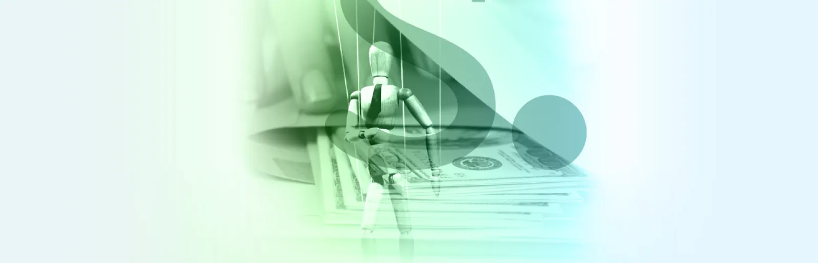 Uma marioneta em fundo claro com dólares atrás