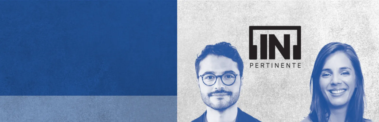 O radialista Rui Maria Pêgo ao lado da psiquiatra Rute Cajão, sobre um fundo cinzento claro, com o logo [IN]Pertinente ao centro.