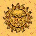 Ilustração do sol, 'zangado', a irradiar calor