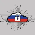 Imagem de uma nuvem digital com a bandeira russa como pano de fundo. Crédito: Shutterstock