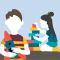 imagem infográfica de duas crianças a brincar com uma boneca e um carrinho. Crédito: Ana kaiseler