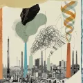Imagem infográfica de edifícios e fábricas a emitir gases com efeito de estufa. Crédito: Ana Kaiseler. Esta imagem foi expandida com recurso a IA.