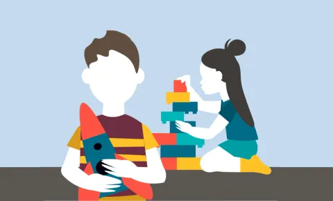 imagem infográfica de duas crianças a brincar com uma boneca e um carrinho. Crédito: Ana kaiseler