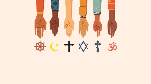 Imagem com ilustração de várias mãos que apontam para símbolos de diferentes religiões. Autoria: José Alves