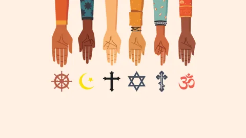 Imagem com ilustração de várias mãos que apontam para símbolos de diferentes religiões. Autoria: José Alves