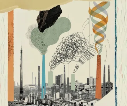 Imagem infográfica de edifícios e fábricas a emitir gases com efeito de estufa. Crédito: Ana Kaiseler. Esta imagem foi expandida com recurso a IA.