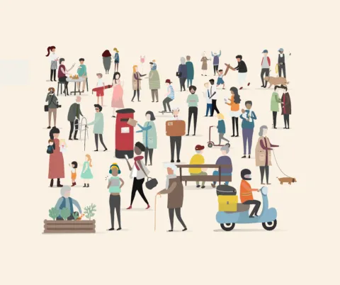 Imagem infográfica representando pessoas, de todas as idades e em diferentes atividades do dia a dia. Crédito: Fundação/Ana Laiseler