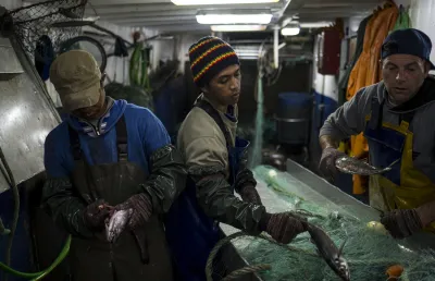 Imagem de pescadores indonésios a preparar as redes no interior do barco. Crédito: Daniel Rodrigues