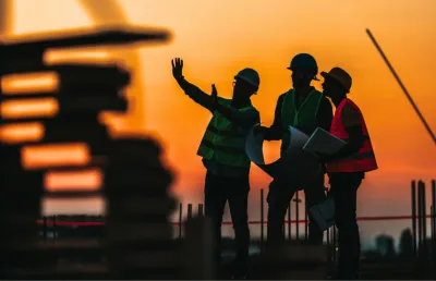 três homens, com capacetes e coletes de trabalho numa obra de construção civil, tendo  o céu cor de laranja como fundo. Crédito:  Shutterstock