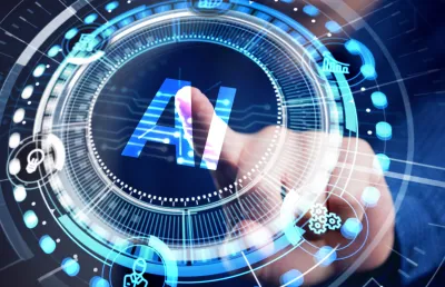 Imagem tecnológica com as letras IA (inteligência artificial) escritas ao centro. Crédito: Canva