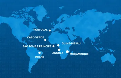 Mapa com os 7 países que integraram em 1996 a Mapa com a Comunidade dos Países de Língua Portuguesa: Portugal, Brasil, Angola, Moçambique, Cabo Verde, Guiné-Bissau e São Tomé e Príncipe. 