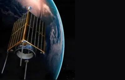 imagem de um satélite no espaço, o PoSAT-1, o primeiro satélite artificial português. D/R.