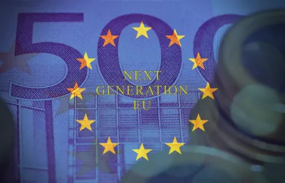 Uma nota de 500 euros sob a frase Next Generation EU. Crédito: Shutterstock