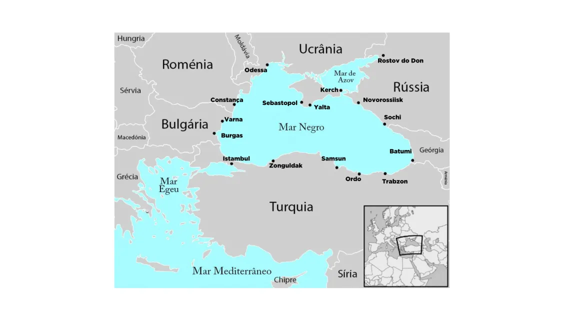 Mapa dos países e cidades com fronteira no Mar Negro