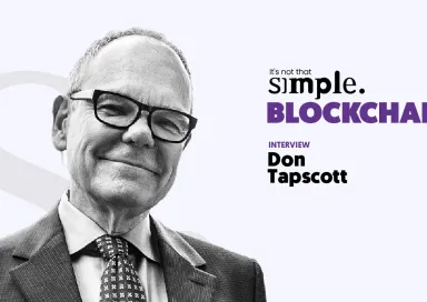 Retrato a preto e branco de Don Tapscott, com um fundo roxo claro e com o texto "Blockchain is not that simple".