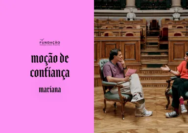 Imagem de Guilherme Geirinhas com Mariana Mortágua, durante a gravação da rúbrica Moção da Confiança
