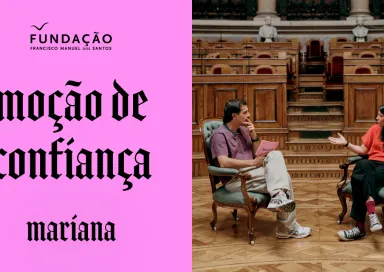 Imagem de Guilherme Geirinhas com Mariana Mortágua, durante a gravação da rúbrica «Moção de Confiança»