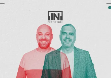 Retrato do comunicador Hugo van der Ding e do jurista Marco Ribeiro Henriques, lado a lado, sobre um fundo cinzento, com o logo "[IN]Pertienente".