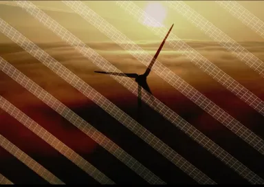 Imagem de uma ventoinha eólica sobreposta por uma imagem de vários painéis solares.