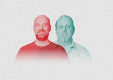 Sob fundo neutro, os rostos de dois homens de meia idade, o crítico literário Pedro Mexia e o humorista Hugo van der Ding.