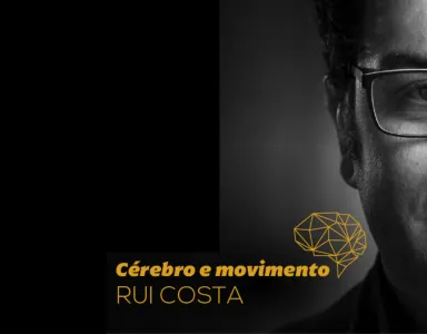 Retrato do neurocientista Rui Costa com o texto "Cérebro e movimento" e ícone estilizado de um cérebro.