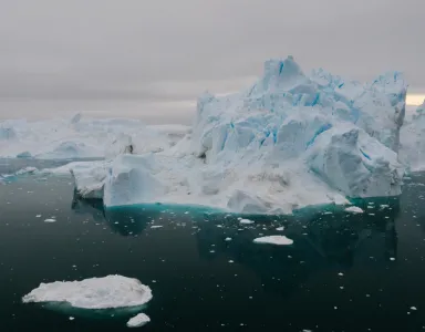 Icebergs flutuantes em águas escuras, sob um céu nublado e cinzento.
