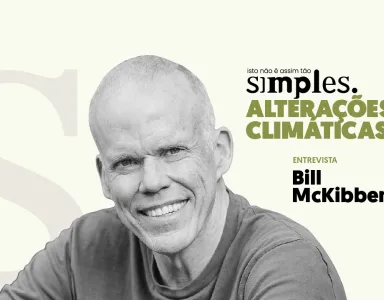 Retrato de Bill McKibben num fundo verde com o texto "Alterações climáticas não é assim tão simples".