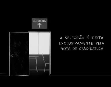 Imagem em cartoon de uma porta com a inscrição medicina e onde se lê que o acesso é feito exclusivamente pela nota de candidatura