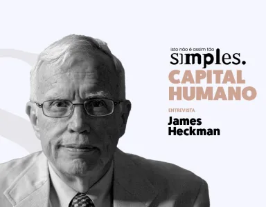 Retrato do Nobel da Economia James Heckman a preto e branco, sobre um fundo claro, com o texto "Capital humano não é assim tão simples" e com o logotipo "S.".