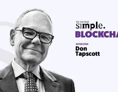 Retrato a preto e branco de Don Tapscott, com um fundo roxo claro e com o texto "Blockchain is not that simple".