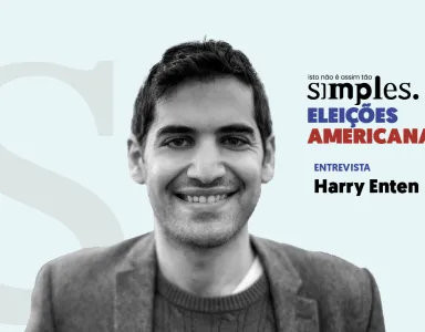 Retrato em preto e branco de Harry Enten. Texto: "Eleições Americanas - Entrevista".
