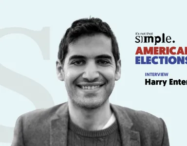 Retrato de Harry Enten com texto: "It's not that simple. AMERICAN ELECTIONS INTERVIEW".